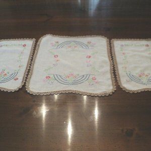 Lot of 3 Vintage Doilies Floral Hand Embroidered & Hand Crocheted Edging